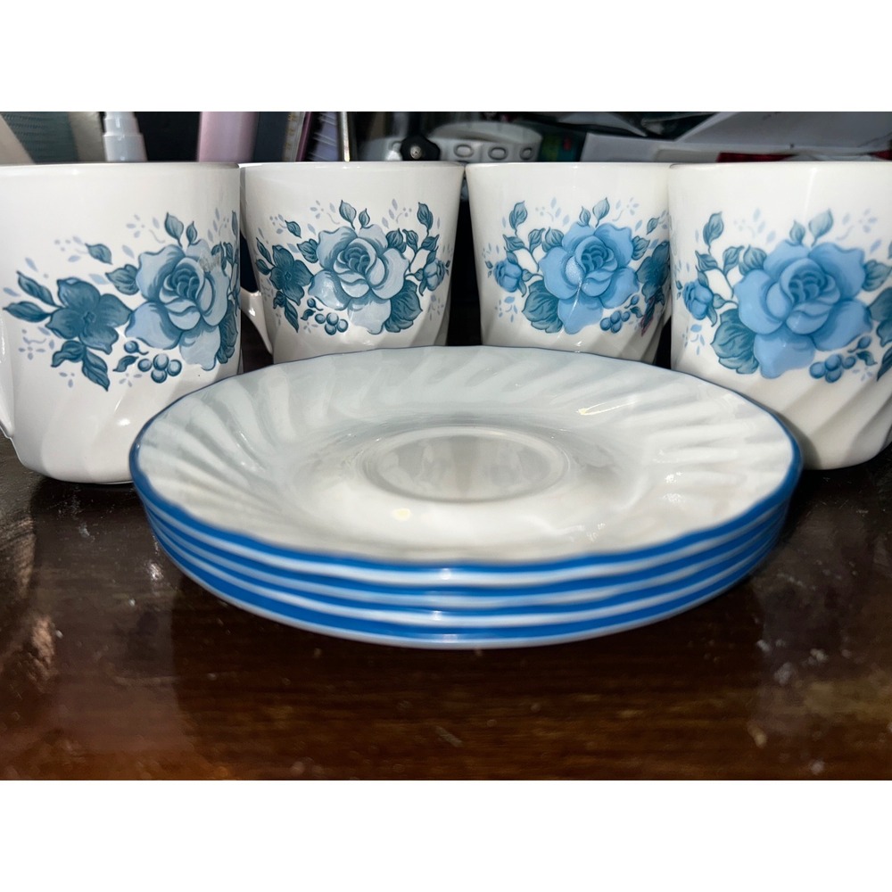 Corelle‎ Morning Blue Cup and Saucer Set of 4 Vintage Corning Blue Rose Floral o